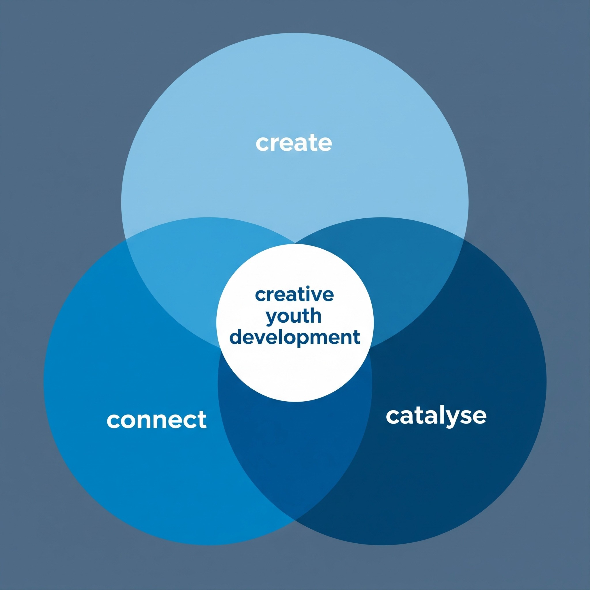 Creative Youth Development Framework — three overlapping circles labeled Create, Connect, and Catalyse, intersecting at Creative Youth Development